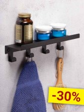 Полка для ванной комнаты с крючками навесная прямая черная 4 крючка 30x9x6